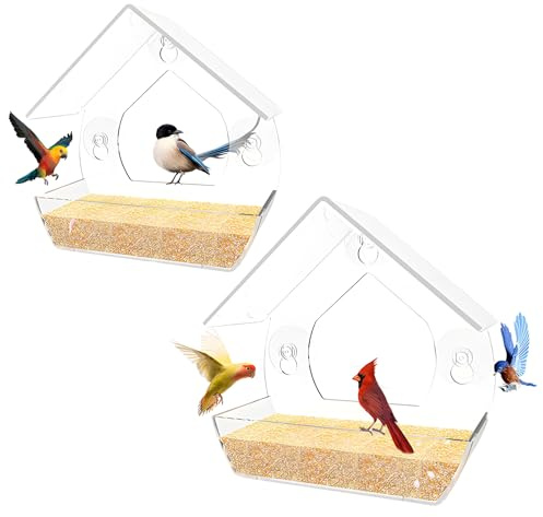 2 Stücke Vogelfutterspender,Vogelfutterhaus Zum Aufhängen,Vogelhaus Fenster,Mit Saugen Vogelfutterhäuschen,Transparente Fenster für Vögel,Geeignet für viele Vogelarten