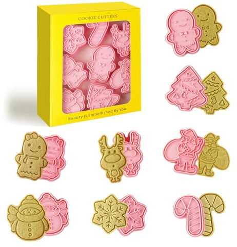8Pcs Christmas Cookie Cutter Set, Plastic Christmas Cookie Stamps, Christmas Tree/Santa/Reindeer/Gingerbread Man Shape for Cookie Baking Christmas Decorations,Kitchen Baking, DIY Cake Decoration