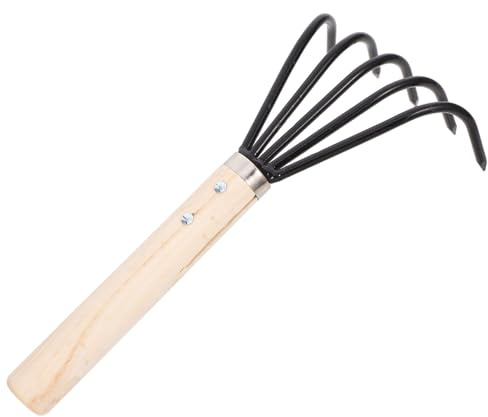 JOINPAYA Râteau à Griffes de Plage Petit Outil de Jardinage Ergonomique Manche Bois Dents Acier Inoxydable pour Ameublir Sol et Creuser Coquillages