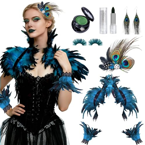 Huahuanghui Pfauen Kostüm Damen 10 Stück, Pfauenfedern, Feder Manschetten Hand, Wimpern Pfau, Pfau Haarschmuck, pfau Ohrringe, Schminke PfaU, zum Halloween Karneval Cosplay