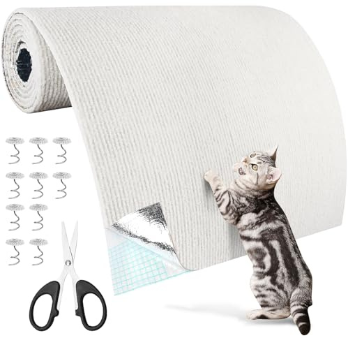 Självhäftande klösmatta katt 200 cm x 40 cm, klösmatta katter, klösskydd soffa, klösvägg för kattstativ, trähandtag, möbler, vägg, trimbar, gör-det-själv (krämvit, 200 cm x 40 cm)