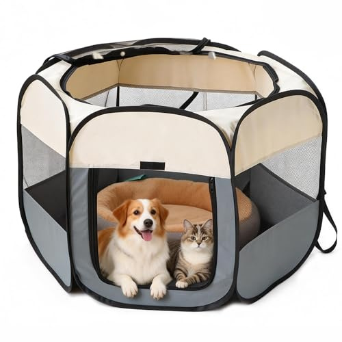 Welpenauslauf Faltbar, Afenau 110x110x60 cm Laufstall Hund, Wasserdichtes Oxford-Tuch Welpenlaufstall, Welpenauslauf Indoor, Wurfbox für Hunde, Katzen, Kaninchen (Grau)