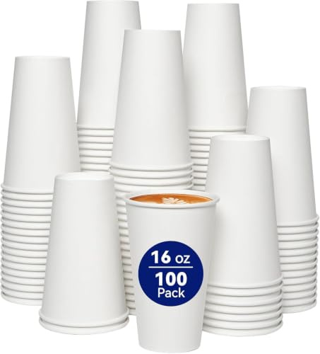 JOLLY CHEF 100 Stück Einweg-Pappbecher 473ml/16oz Weiße | Robuste, Auslaufsichere Einwegbecher, Kaffeebecher, Für kalte & heiße Getränke, Ideal Für Büros, Partys, Picknick