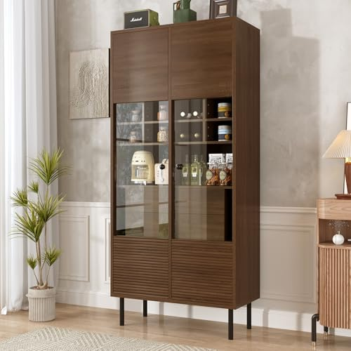 OKMYHOME Vitrina con varios estantes, puertas de cristal y cajones ocultos – Mueble de MDF – 75,5 x 35 x 164,5 cm – nogal