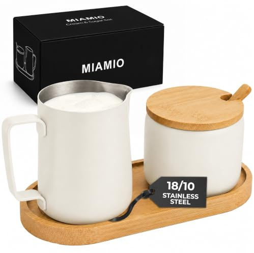 MIAMIO - Set de jarra de leche y azucarero con bandeja de bambú (Blanco) | Jarra de leche 330 ml y azucarero 270 ml con bandeja de bambú y cuchara para café, té y desayuno - aptos para lavavajillas