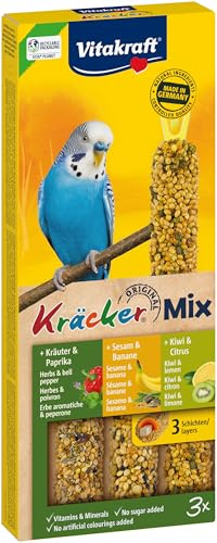 VITAKRAFT- Kräcker Mix, Snack Pour Oiseaux, Pour Perruches, Sticks À Grignoter, Aux Herbes Et Paprika, Kiwi Et Agrumes, Banane Et Sésame, Sans Sucres Ajoutés (1X 90G)