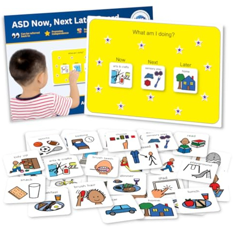 Now Next Later Board for Autism – Visual Timetable for Autistic Children with 32 Communication Cards – SEN – Chore Chart for kids –Autism Learning Resources