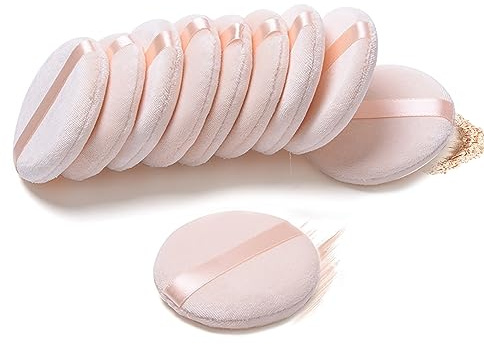 10 Pieces Pure Cotton Powder Puff, Makeup Puff for Powder Foundation, 3.15-inch Normal Size with Strap, Blending for Loose Powder Mineral Powder Body Powder Wet Dry Makeup Tool