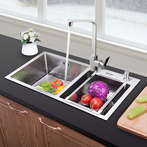 HomeLava Fregadero de Dos Senos Material de Acero Inoxidable Fregadero con escurridor, sin grifo (78 * 43 * 21 cm)