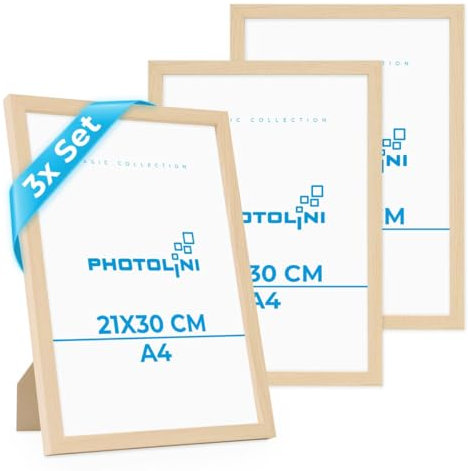 PHOTOLINI Bilderrahmen A4 Holz MDF Natur, 3er Set DIN A4 Bilderrahmen 21x30 cm, bruchsicheres Acrylglas, picture frame zum Aufhängen & Aufstellen, Rahmen mit Zubehör 30x21 für Fotos & Poster