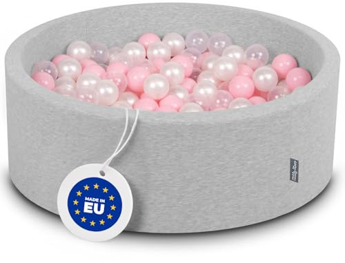KiddyMoon Bällebad 90X30cm/200 Bälle ∅ 7Cm Bällepool Mit Bunten Bällen Für Babys Kinder Rund, Hellgrau:Rosa/Perle/Transparent