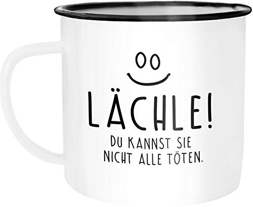 MoonWorks Emaille Tasse Becher Lächle du kannst Sie nicht alle töten Büro Kollegen Kaffeetasse Weiss-schwarz unisize