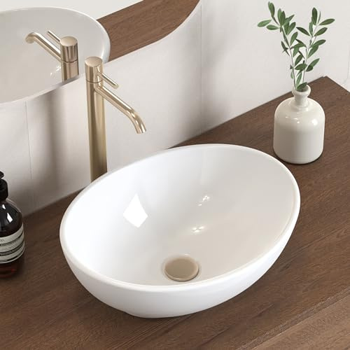 KES Bathroom Vessel Sink, 16 x 13 Oval Vessel Sink for Bathroom Vanity Countertop, Glossy White Ceramic Bowl Sink Egg Shape Above Counter, Modern Look, Crafted to Endure, BVS124