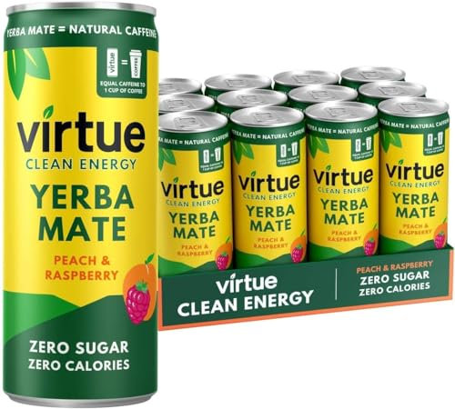 Virtue Yerba Mate - Natural Energy Drink - Sugar Free, Zero Calories, Vegan, Keto Friendly, Gluten Free - 12 x 250ml (Peach & Raspberry)