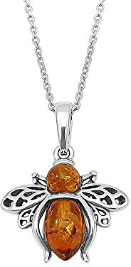 Kiara Jewellery 925 Sterling Silver Flying Amber Bee Pendant Necklace Inset With Brown Baltic Amber on 18 Sterling Silver Chain.