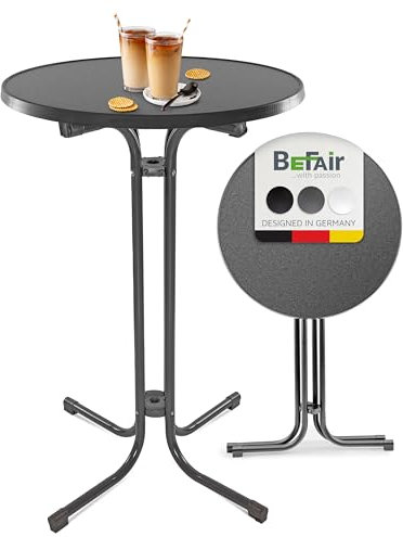 BeFair Stehtisch Klappbar Anthrazit, 80 cm Rund, Nico - Stabiler Bartisch in Höhe 110 cm mit 4 praktischen Haken für Jacken oder Handtaschen - Wetterbeständig, mit kratzfester Tischplatte