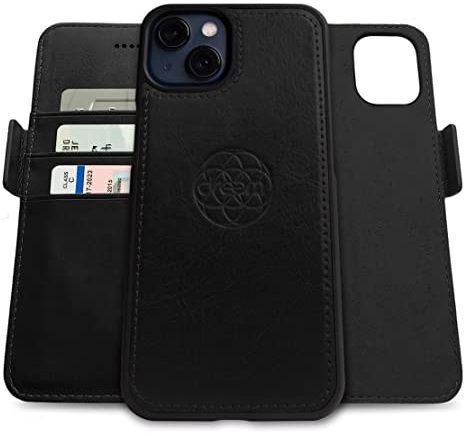 Dreem Vegan Leder Handyhülle für iPhone 13 Mini, Magnetisch & Abnehmbar | Integrierter Handyhalter, RFID-blockierende Kartenhülle, Klapphülle, MagSafe-kompatibel, Geschenkbox [Fibonacci: Schwarz]