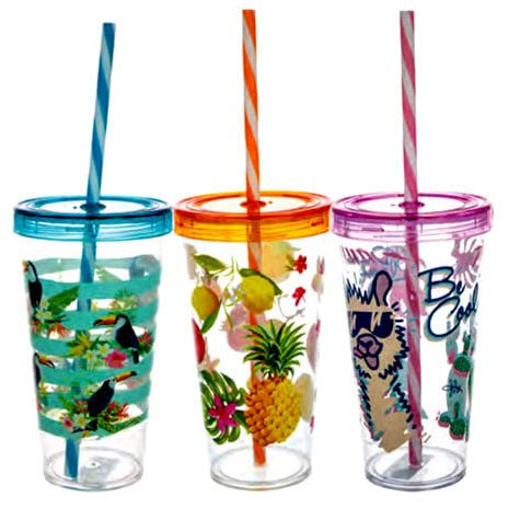 DIES&DAS 3 Stück a 660 ml Trinkbecher mit Strohhalm Trinkhalm Schraubdeckel mit Dichtung | Bruchfester Kunststoff hohe Steifigkeit | sehr schöne Motive