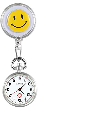 Silverora Schwesternuhr Schwesternuhren mit Clip Krankenschwester Uhren Kartoon Smile Gesicht Nurse Watch Uhr zum anstecken Pflege Uhr Arzt Uhr Bunt