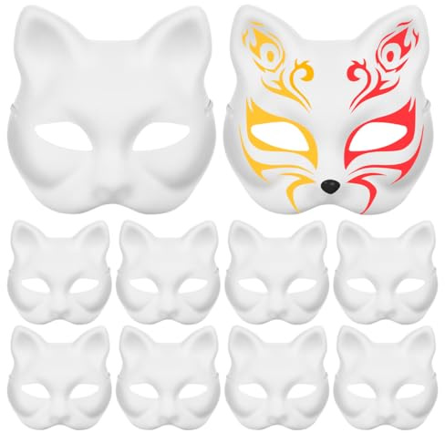 Toyvian Katzenmasken zum Bemalen - 10er Set Weiße Blanko Masken aus Papiermaché DIY Bastelmasken für Kinder Erwachsene Tiermasken für Karneval Fasching Cosplay Inklusive Gummiband
