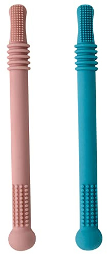 SWYSGS 2pcs Kauen Stroh Spielzeug für Kleinkinder Silikon Schläuche für Babys 0-6 Monate BPA frei, blau und rosa