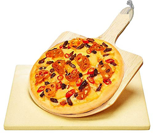 Pizza Stone and Wood Pizza Peel Set, Transfer Shovel, Serving Tool, Pizza Tool Set for Pizza, Cake, Bread, Pies, Cookies on Oven, BBQ Grill