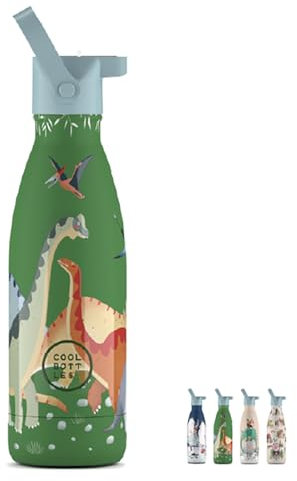 Cool Bottles - Borraccia Termica per Bambini - Bottiglia Acqua Acciaio Inox - 350 ml - Jurassic Era - Bevande Fredde 36 Ore e Calde 18 Ore - Rifiniture con Disegno in Rilievo - Senza BPA
