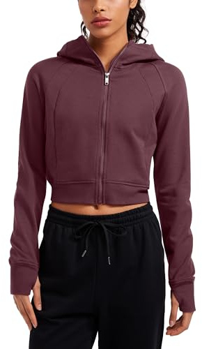 CRZ YOGA Women's Fleece Zip Up Jackets Full Zip Workout Cropped Hoodie Casual Long Sleeve Sweat Jacket with Thumb Holes Dark Red 14