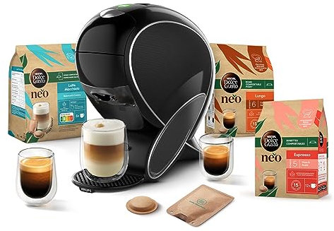 Dolce Gusto NEO Coffee Machine by Krups, Machine à café + 3 boites de dosettes compostables (Espresso, Lungo, Cappuccino), Cafetière multi-boissons connectée YY5242FD