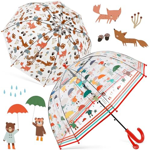 Fabbay 2 x transparenter Regenschirm für Kinder, Einhorn-Design, leicht zu greifen, gebogener Griff, transparenter Blasen-Regenschirm für Kleinkinder, Mädchen, Bär, Fuchs, Under 6 Years Old