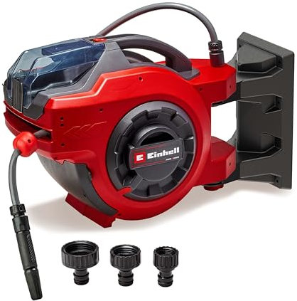 Einhell Akku-Schlauchtrommel GE-HR 18/30 Li-Solo Power X-Change (18 V, automatische Schlauchaufwicklung, bis zu 180° schwenkbar, Wandhalterung, 30 m Gartenschlauch & -spritze, ohne Akku)
