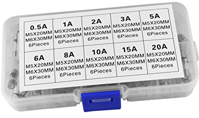 OSALADI 60 Stück Glasrohrsicherungen 5x20mm Sortimentsset mit Schnellabschaltung und Kunststoffgehäuse für Haushaltsgeräte und Automobile Schutz bis 20a