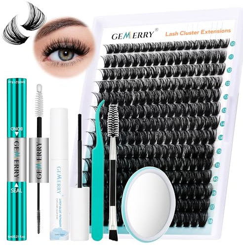 GEMERRY DIY Wimpern-Extensions Kit 80D D Crul 10-18mm Wimpernverlängerungsset Wimpernkleber Pinzette Wimpernkleber Entferner Creme DIY Wimpern Cluster Set (80D-0.07D-10-18mm-Set)