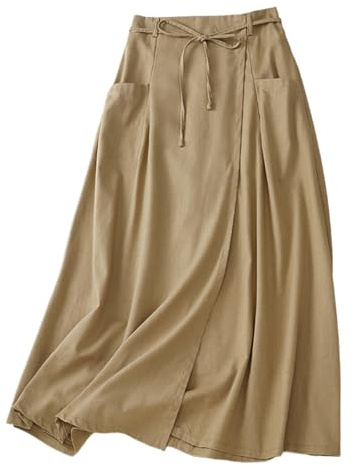 Giltpeak Jupe longue d'été en lin et coton pour femme Taille haute élastique Style décontracté vintage trapèze Jupe midi avec poche, kaki, 40