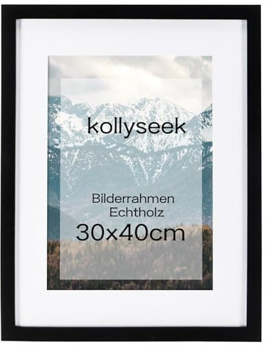 kollyseek Bilderrahmen 30x40cm Schwarz Echtholz mit Passepartout Pine Holz Rahmen mit Bruchsicherem Acrylglas Kieferholz Fotorahmen schwarz bilderrahmen picture frame