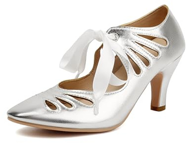 elerhythm kvinnor Mary Jane Lace Up Teardrop Cut Out Stäng Rund tå Vintage 1950-talet Gatsby Heels Retro 1920-talet viktorianska pumps skor, silver, 39 EU