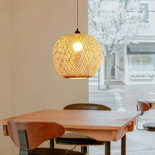 COOYO Vintage Rattan Pendelleuchte natürlichen Bambus Kronleuchter handgeflochtene Weide Lampenschirm E27 höhenverstellbar Esstisch Hängelampe Schlafzimmer Wohnzimmer Decke Hängend Lampe(30cm)