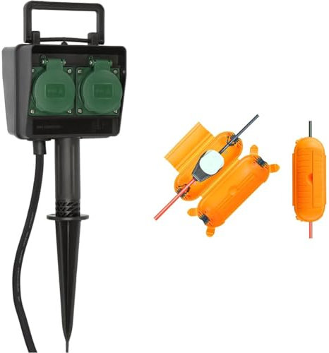 Brennenstuhl Garten-Steckdose/Außensteckdose 4-Fach mit Erdspieß & Safe-Box BIG IP44 / Schutzbox für Verlängerungskabel (Schutzkapsel für Kabel im Außenbereich) gelb