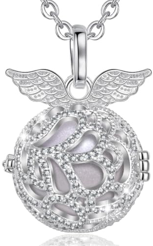 AEONSLOVE Collier Bola de Grossesse Collier Musique Carillon Bell Pendentif Ailes d'ange pour Femmes Enceinte Bébé, Cadeau Original Noël, Chaîne 114cm