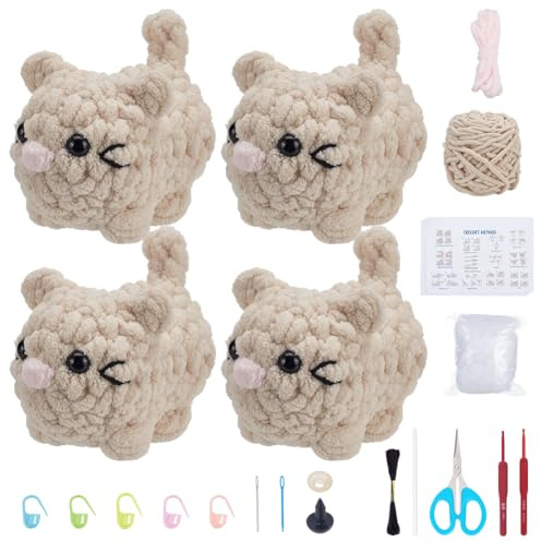 FREEBLOSS 4 Set Häkel-Starterset für Anfänger, Gehäkelte Katze Häkelset für Tiere, Anfängerset zum Häkeln Geschenk für Geburtstage, mit Videoanleitungen Häkelset für Anfänger Erwachsene