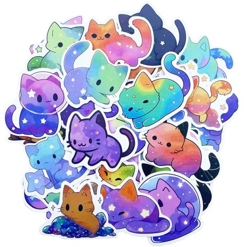 Cat Rainbow Starry Sky Sticker Cartoon Animal Decals Waterproof Self-Adhesive Funny Vinyl Stickers for Cat Lovers Scrapbook Laptop Journal