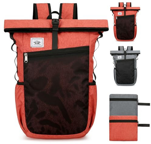 Outplea 18L Faltbarer Rucksack Herren Damen, Ultraleicht Rolltop Rucksack, Packbar und Stylisch Faltrucksack Wanderrucksack, Schulrucksack Tagesrucksack für Freizeit Arbeit Schule Camping, Rot