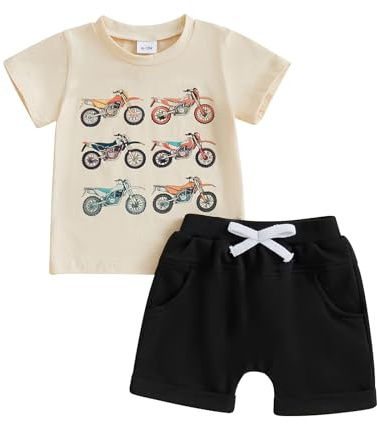 Bagilaanoe Summer Outfit Toddler Baby Boy Motorcycle Short Sleeve T-Shirt Shorts Set Infant Boy Clothes 2Pcs Set (Beige, 12-18 Months)