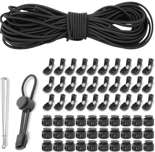 15 m Elastische Gummischnur 3 mm Schwarz mit Kordelstopper Kordelklemme Set | Elastische Gummischnur Set mit 30 Kordelstopper 30 Kordelklemme aus robuster Gummikordel für Rucksack Wäscheleine DIY
