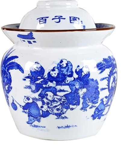Fermentation Jars，Fermentation Crock Jar,Sauerkraut Crock,Traditional Chinese Ceramic Fermentation Crock Jar Pickling Jar With Water Seal Airlock Lid,Large Blue and White Ceramic Pickle Jar Kimchi Pot