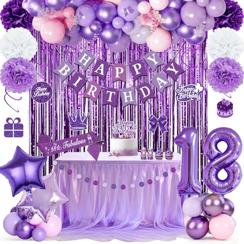 Decoraciones moradas para el 18 cumpleaños de una niña, pancarta de feliz cumpleaños, globos morados, cortina de oropel morada, banda, pompones y espirales colgantes