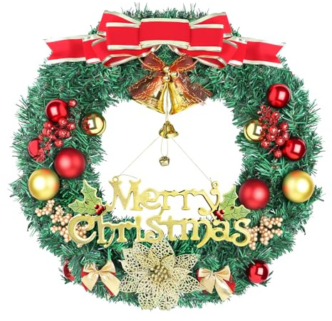 Fylsyd Christmas Wreaths for Front Door, Artificial Christmas Wreath with Bow, Bells, Berries, Gold Flowers and Holiday Decor Sign, Winter Wreaths for Fireplace, Windows, Wall Decor(20 Inches)
