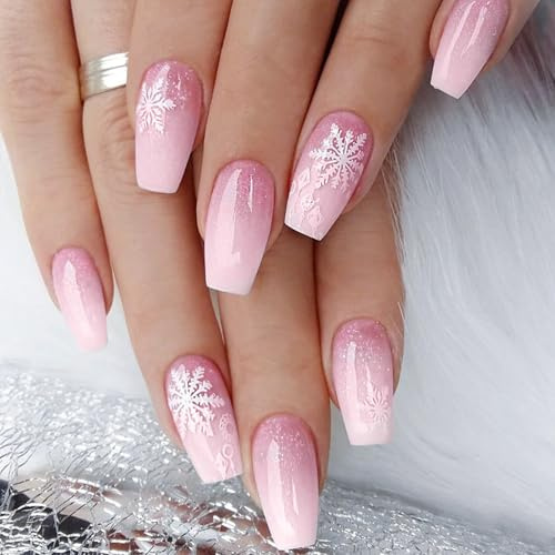 Viugex 24 Stück Weihnachten Nägel Zum Aufkleben Mittellang Sarg, Rosa Farbverlauf French Press on Nails, Glitzer Natürlich Künstliche Nägel, Weiße Schneeflocken Acryl Full Cover Kunstnägel für Frauen