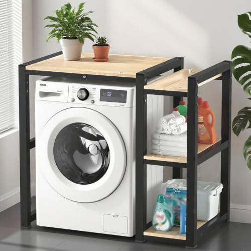 Armario Lavadora Secadora Ajustable Altura, Estante Lavadora con Patas Antideslizantes, Mueble Torre De Almacenamiento con Estantería Lateral 3 Niveles(Black)