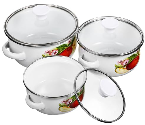 POPETPOP 3 pièces Lot de Mini Marmites Émail Vintage Pots à Soupe et Ragoût Fond Plat Petits Faitouts Multifonctions pour Induction Motifs Aléatoires